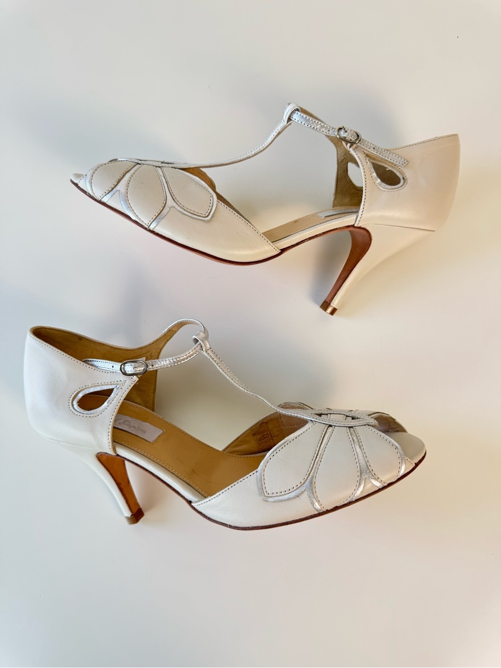 Rachel Simpson Mimosa T-Bar Heels Cream Silver Leather Size EU 38 US 7.5 Retro